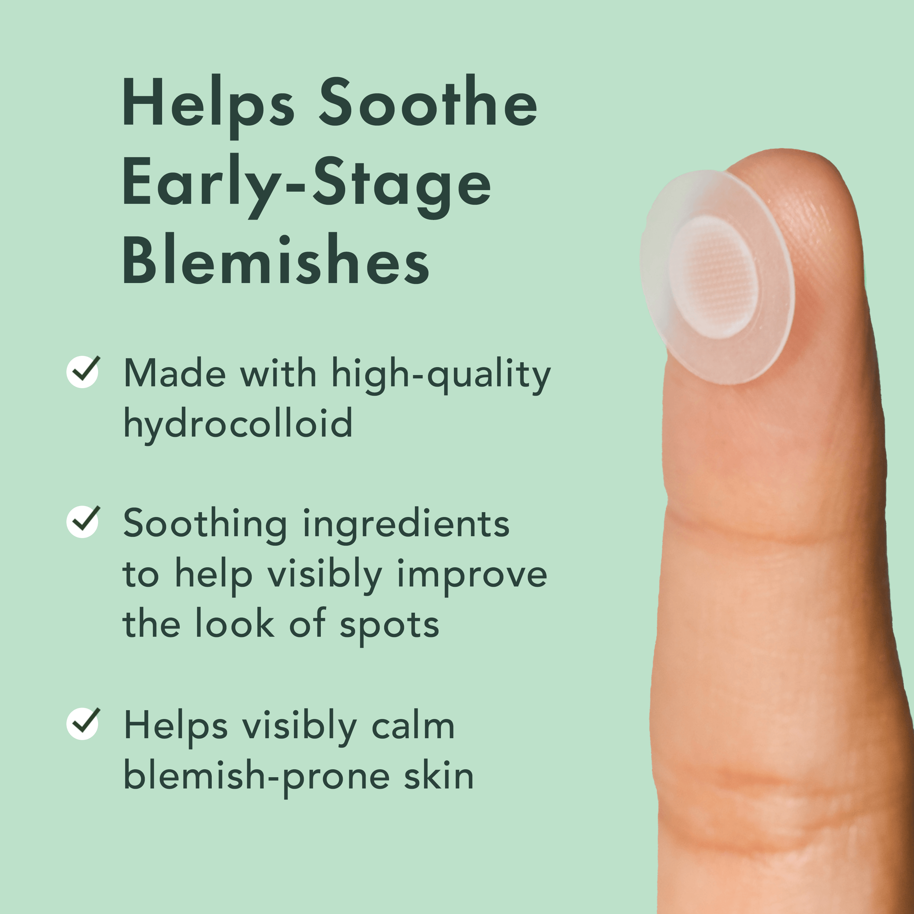 Product on a finger with text about soothing blemishes on a green background
