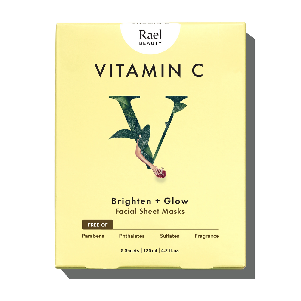 A pack of Rael Vitamin C Brighten + Glow Facial Sheet Masks, with a graphic of a green plant on the front, indicating the product is for skin care.