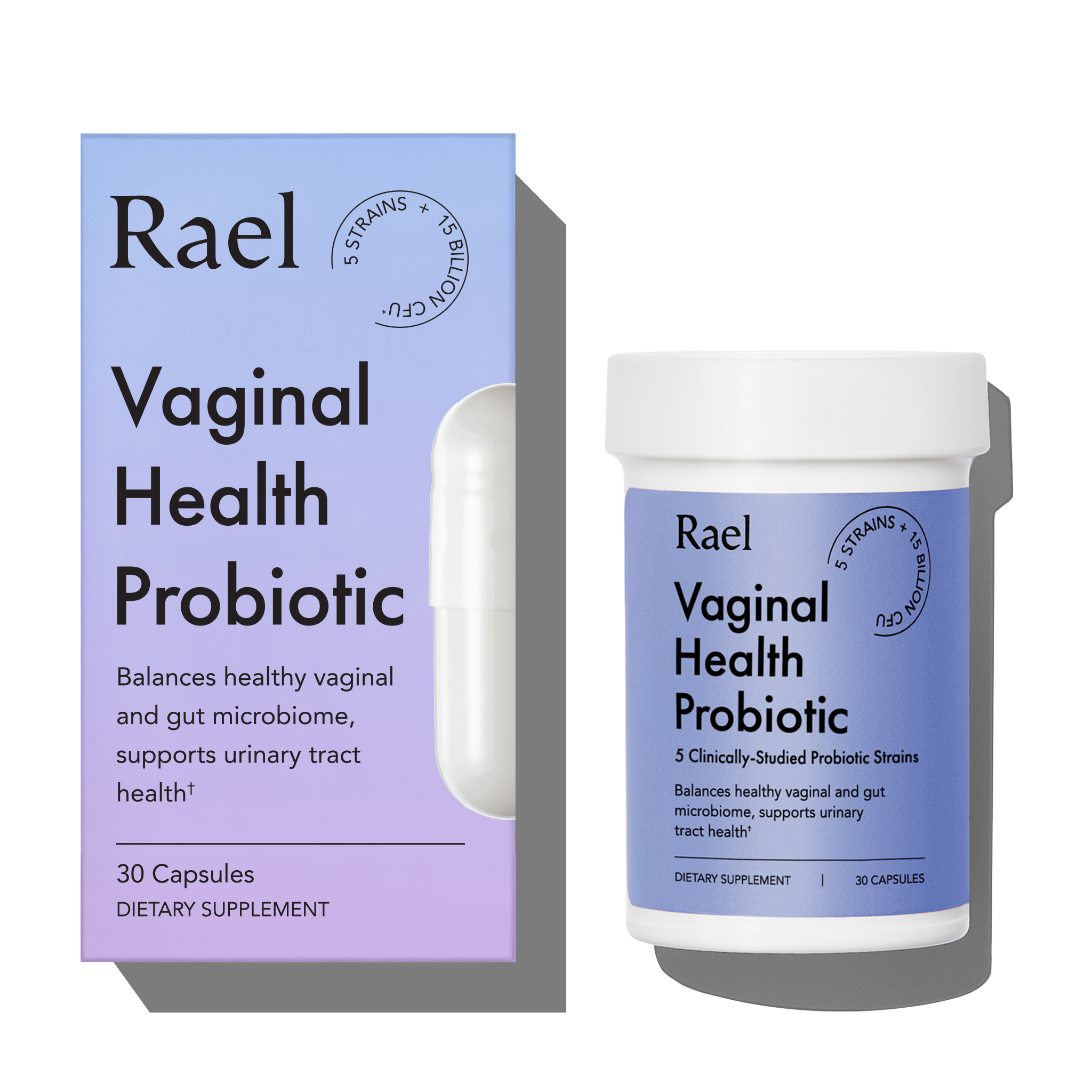 Rael Vaginal Health Probiotic packaging with purple box and white container on a white background