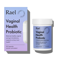 Rael Vaginal Health Probiotic packaging with purple box and white container on a white background