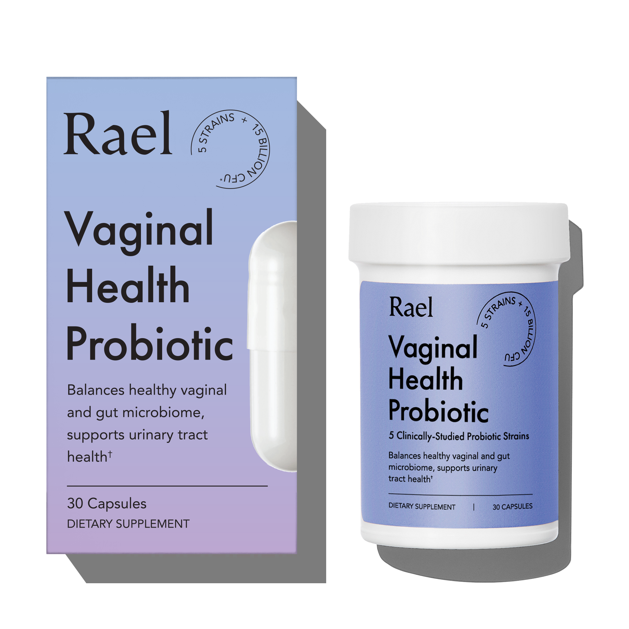 Rael Vaginal Health Probiotic packaging with purple box and white container on a white background