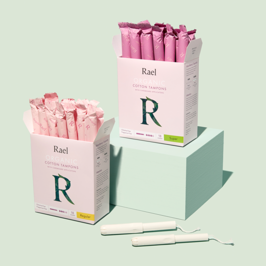 Rael Tampons in Packaging - Super and Regular, on a light green background